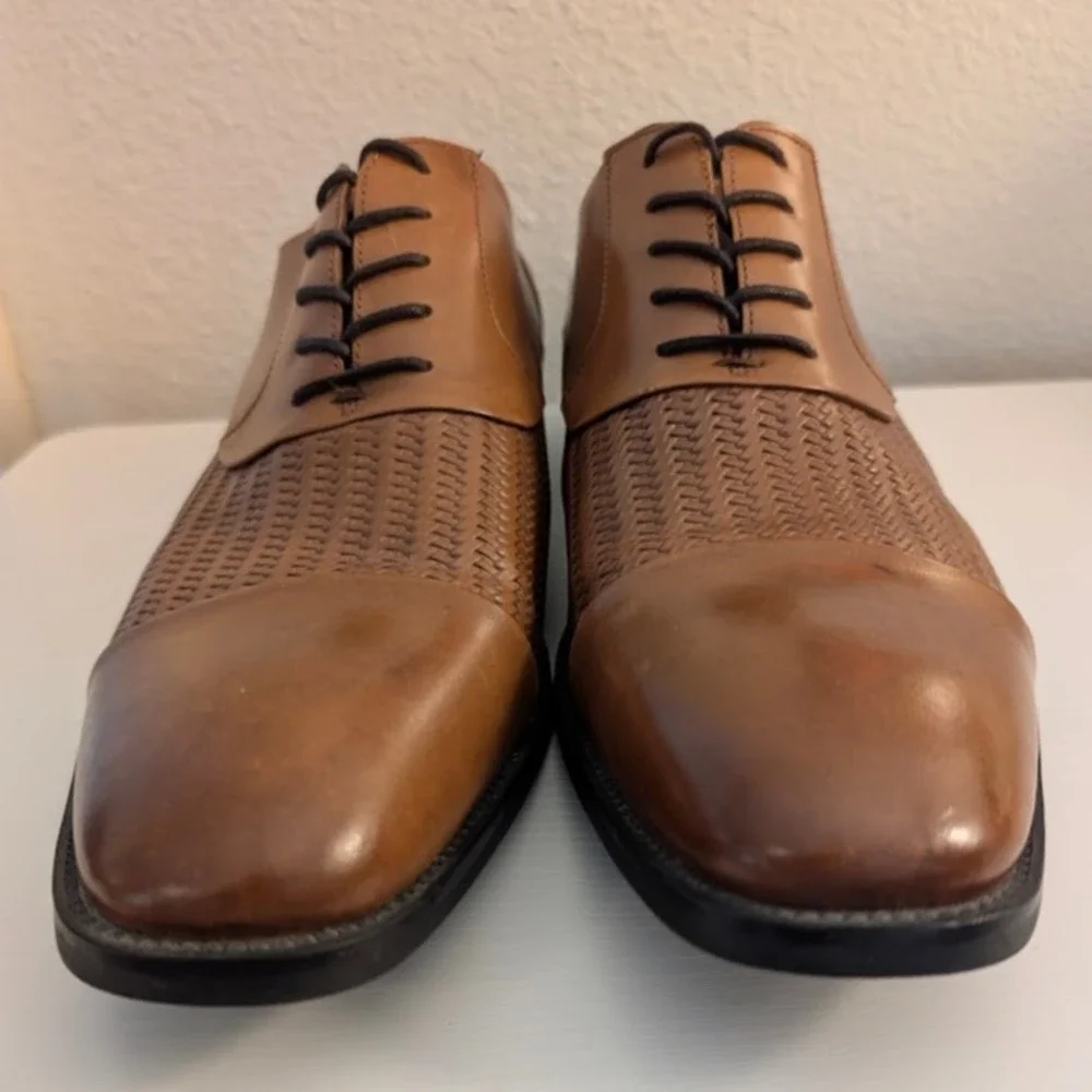 Kenneth Cole Ticket-S Oxford Shoes Mens 12M Cognac‎ Brown Cap Toe Woven EUC